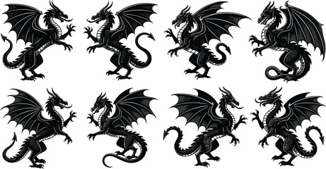Dragon silhouette vector illustration set, black fantasy creature designs, tribal tattoo style, mythical beast icons, heraldic graphic pack, medieval artwork