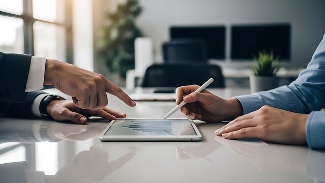 Business professionals collaborate on digital charts with tablet, using stylus and touch for dynamic data analysis and modern teamwork success