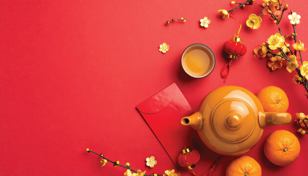 chinese new year flat lay composition with teapot red envelopes oranges lanterns golden flowers on red background - Powered by Adobe