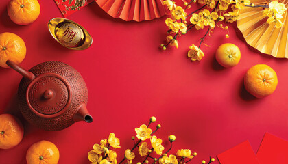 Naklejka premium chinese new year flat lay composition with teapot red envelopes oranges lanterns golden flowers on red background