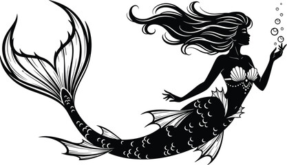 Elegant black silhouette of a beautiful mermaid vector illustration, fantasy sea creature with scales, shell top, long flowing hair, and hand-blown bubbles design on a white background © Ideasy Mind