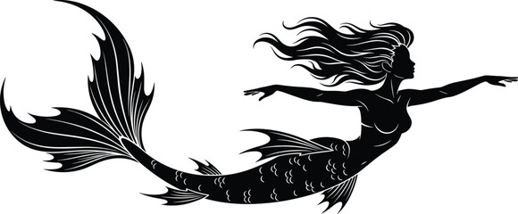 Elegant black silhouette of a swimming mermaid vector illustration, mythical fantasy sea creature with scales, flowing hair, and detailed fins design on a clean white background © Ideasy Mind