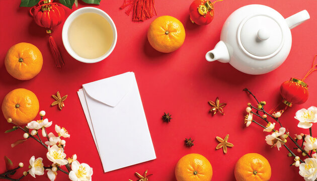 chinese new year flat lay composition with teapot red envelopes oranges lanterns golden flowers on red background