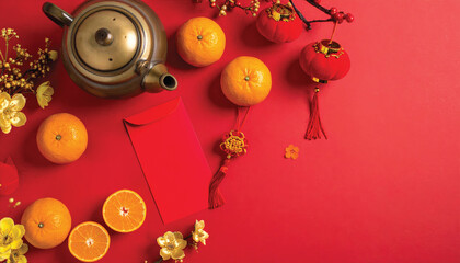 chinese new year flat lay composition with teapot red envelopes oranges lanterns golden flowers on red background