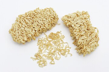 Broken dried instant noodles white background