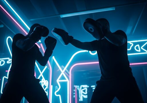 Boxers training with neon lights in futuristic setting for fitness concept