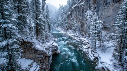 Snowy forest canyon with turquoise river and rocky cliffs winter