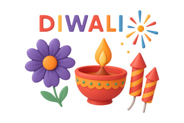 Diwali Festival Diya and Fireworks 3D Icon Isolated on a Transparent Background