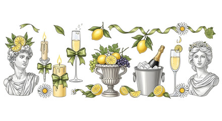 Lemon, classical busts, and celebration decor elements