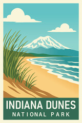 Obraz premium Indiana Dunes National Park Travel Poster Clipart, Vintage USA Park Illustration, Retro Landscape Art, Indiana Dunes Wall Decor ClipArt 