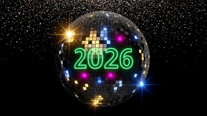 Disco Ball with 2026 Neon Sign for New Year Celebration.