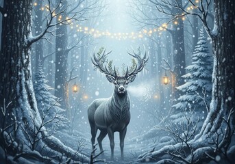 Obraz premium deer standing snowy winter forestin glowing magical lights. Fantasy illustration for Christmas greeting cards, holiday backgrounds, fairytale book covers, seasonal wall art, winter wonderland concept