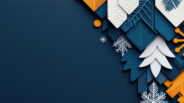 A festive arrangement of stylized winter elements, including snowflakes, pine trees, and geometric shapes in blue, white, and orange, set against a deep blue ba - Powered by Adobe