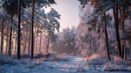 Snow covered forest path with pine trees and pink sky at sunrise winter
