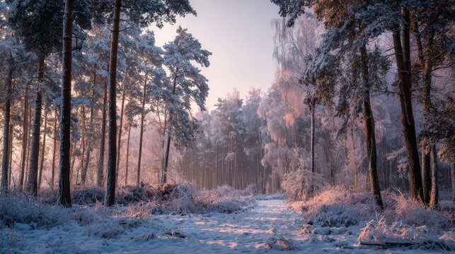 Snow covered forest path with pine trees and pink sky at sunrise winter