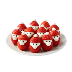 Group of Fresh Strawberry Santas Made with Whipped Cream and Edible Decorations on a White Plate isolated on a transparent background 