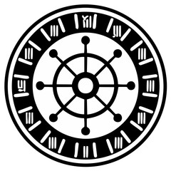 Abstract black and white wheel symbol with ancient markings representing time and destiny