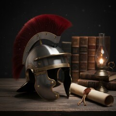 Close-up of a Roman helmet beside old books and a judge gavel, symbolizing history, law, and classical heritage.