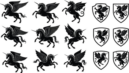 Winged unicorn and dragon silhouette vector set, black mythical creature icons, fantasy shield emblems, tribal tattoo style, heraldic graphic pack