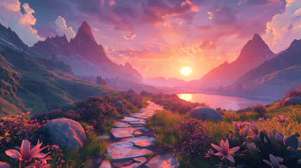 fantasy sunset mountain flower landscape