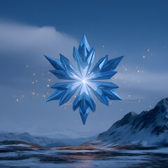 Obraz premium Luminous blue faceted crystal snowflake hovering over a serene winter mountain landscape with sparkling particles