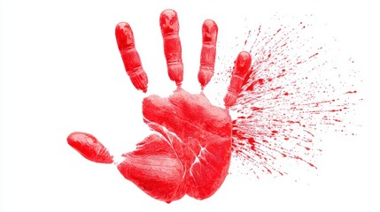Red handprint with blood splatter on white background, concept of violence