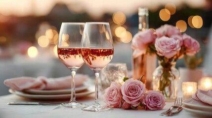 Romantic dinner setting with rose wine, flowers, and candles at sunset