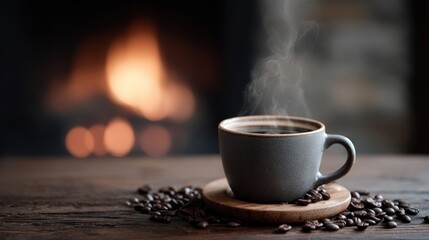 Steaming coffee in a mug with coffee beans on a wooden table near a fireplace