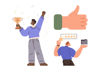 Person celebrating victory with trophy, thumbs-up for approval, 5-star review, file folder. Ideal for success, motivation, feedback, recognition achievement performance encouragement. Simple flat