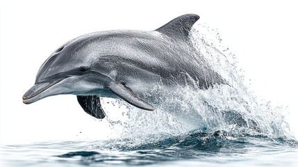 a bottlenose dolphin leaping out of the water against a white background