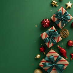 Creative Christmas tree arrangement with gift boxes and festive ornaments on green background, perfect for holiday design.