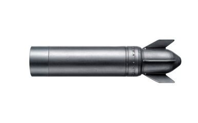 Metallic torpedo isolated on white background, ready for military action