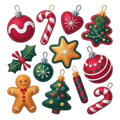 Collection of festive handmade felt Christmas ornaments, including gingerbread man, candy canes, and decorative baubles, isolated on a black background.