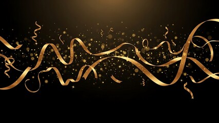 Elegant Golden Ribbons and Confetti on Black Background.