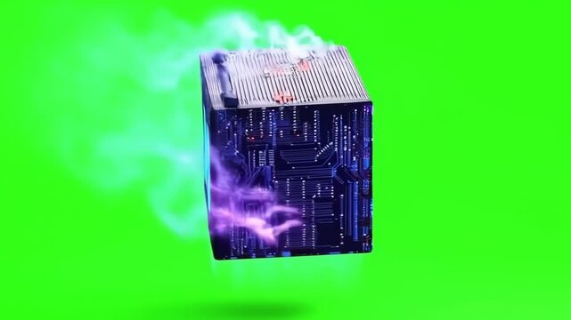 Close-up of a glowing CPU and AI on a circuit board empty green screen. artificial intelligence ai microchip on circuit board representing future technology. Chroma key computing power, and innovation