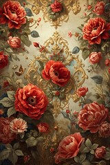 Vintage Gold Damask and Red Peony Floral Wallpaper Pattern