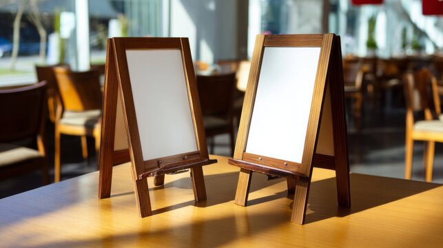 Sunlight streams through large windows, illuminating two elegant wooden signboards placed on a polished table. They stand empty, ready for menus or messages in a stylish dining setting
