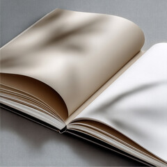 Open book with creamy blank pages and soft natural light shadow on textured surface, minimal and calm atmosphere