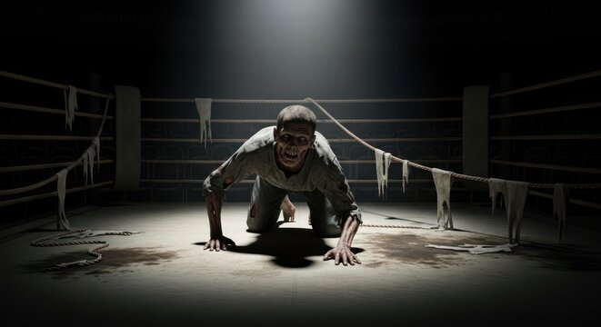 Crawling nightmare a chilling visage of horror in the eerie boxing ring setting