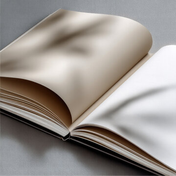 Open book with creamy blank pages and soft natural light shadow on textured surface, minimal and calm atmosphere