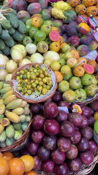 Fresh exotic fruits in Mercado Dos Lavradores. Funchal, Madeira, Portugal
