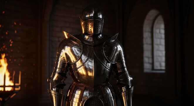 Medieval knight armor in a dimly lit castle interior evoking a sense of history - Powered by Adobe
