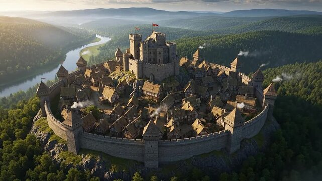 Majestic medieval castle perched on a hill overlooking a winding river at sunrise.