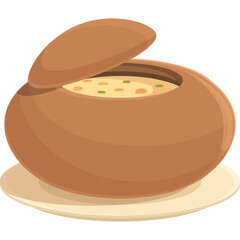 Warm Nourishing Stew Served in a Rustic Brown Ceramic Pot with Lid on a Simple Plate