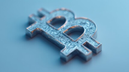A metallic Bitcoin symbol reflecting light against a smooth blue background, emphasizing its digital currency status.