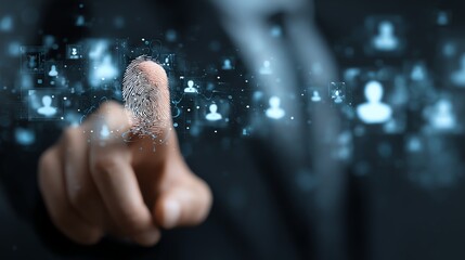 A business professional interacts with digital icons representing a network of connected users