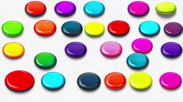 vibrant colorful glossy candy buttons floating and dancing in white space as dynamic playful animation of bright round sweets, cheerful abstract motion scene showing sugary confectionery concept with 