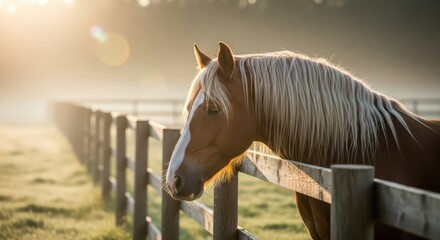 Ethereal equestrian portrait at dawn serene landscape charming farm scenery in golden light