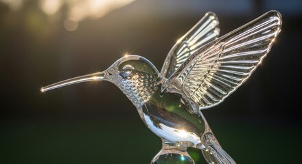 Elegant glass hummingbird sculpture bathed in soft light capturing delicate detail