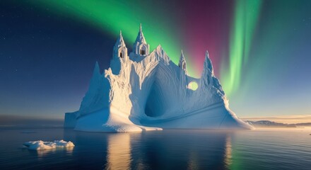 Majestic ice castle under ethereal aurora borealis reflecting on calm arctic waterscape